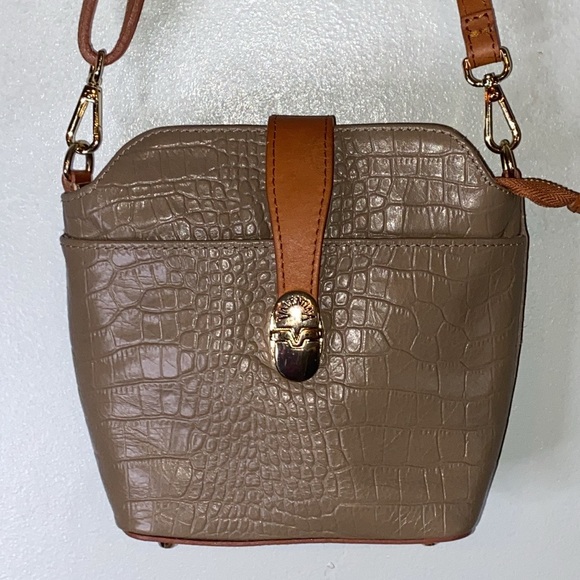 Valentina Genuine Leather Taupe Croc Embossed Crossbody Purse-Made in Italy - Picture 3 of 15